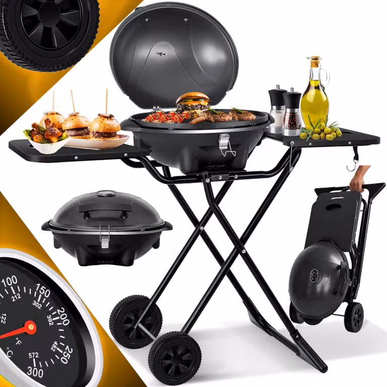 KESSER® Griglia elettrica 2in1, da tavolo/da pavimento, pieghevole, potenza massima 2400W, rivestimento antiaderente, 2 ruote