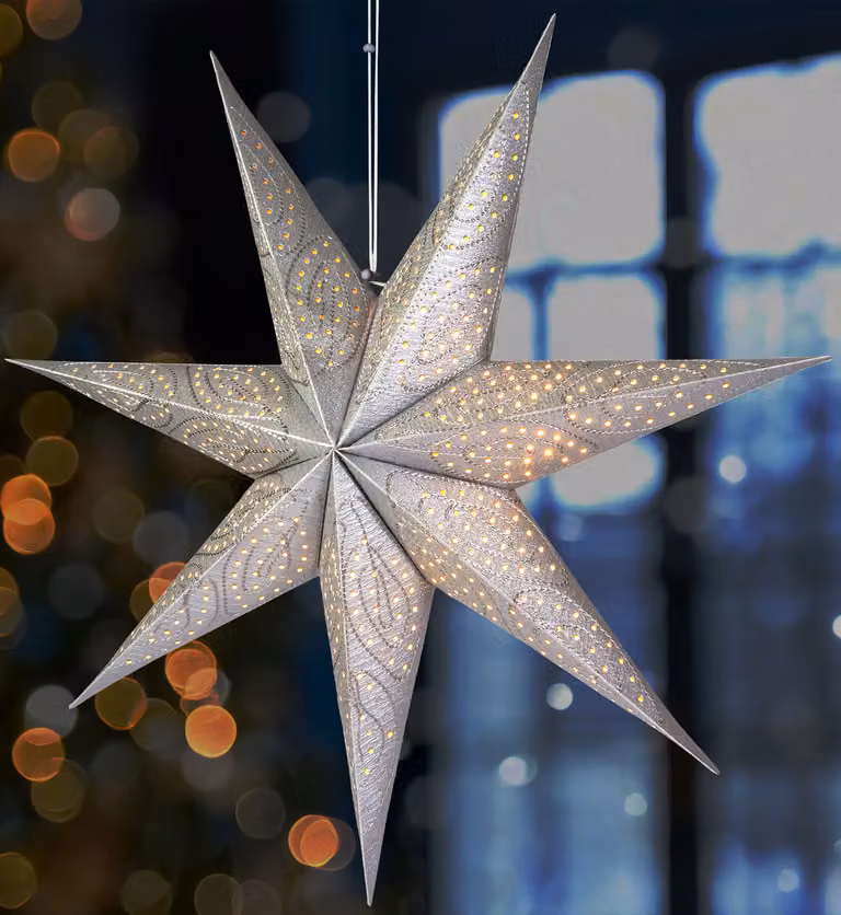 BRUBAKER Stella di Natale di carta da appendere da 60 cm - Stella dell'Avvento - Stella di carta 3D con presa E14, argento