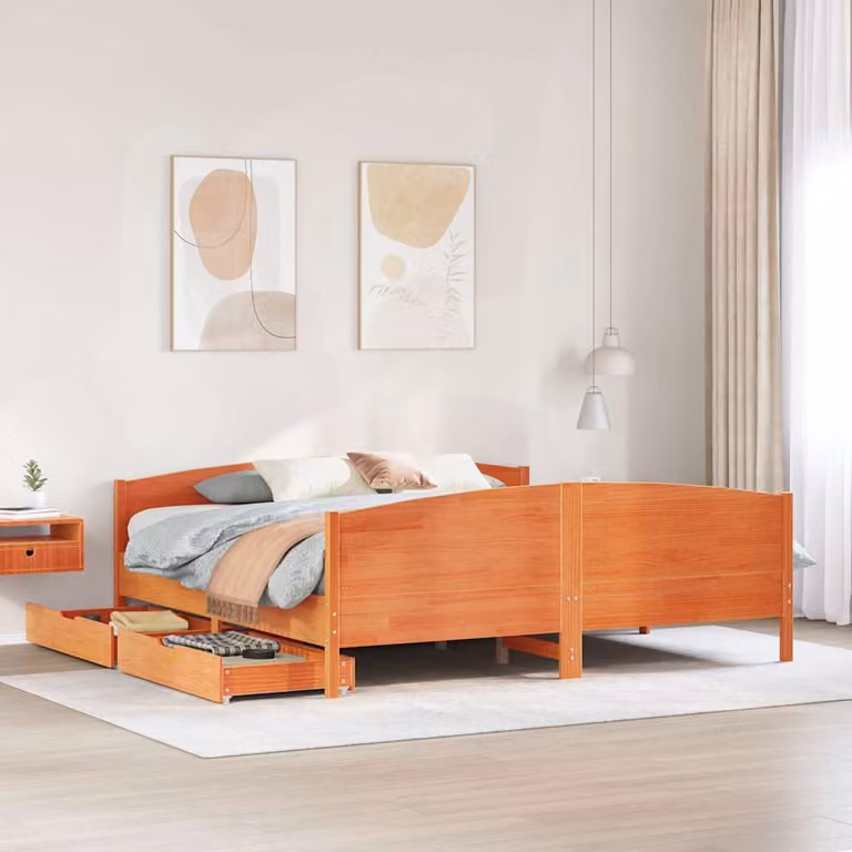 Letto in legno di pino rustico vidaXL con cassetti, colore marrone cera, L/P/H: 200 x 200 x 74,5 cm