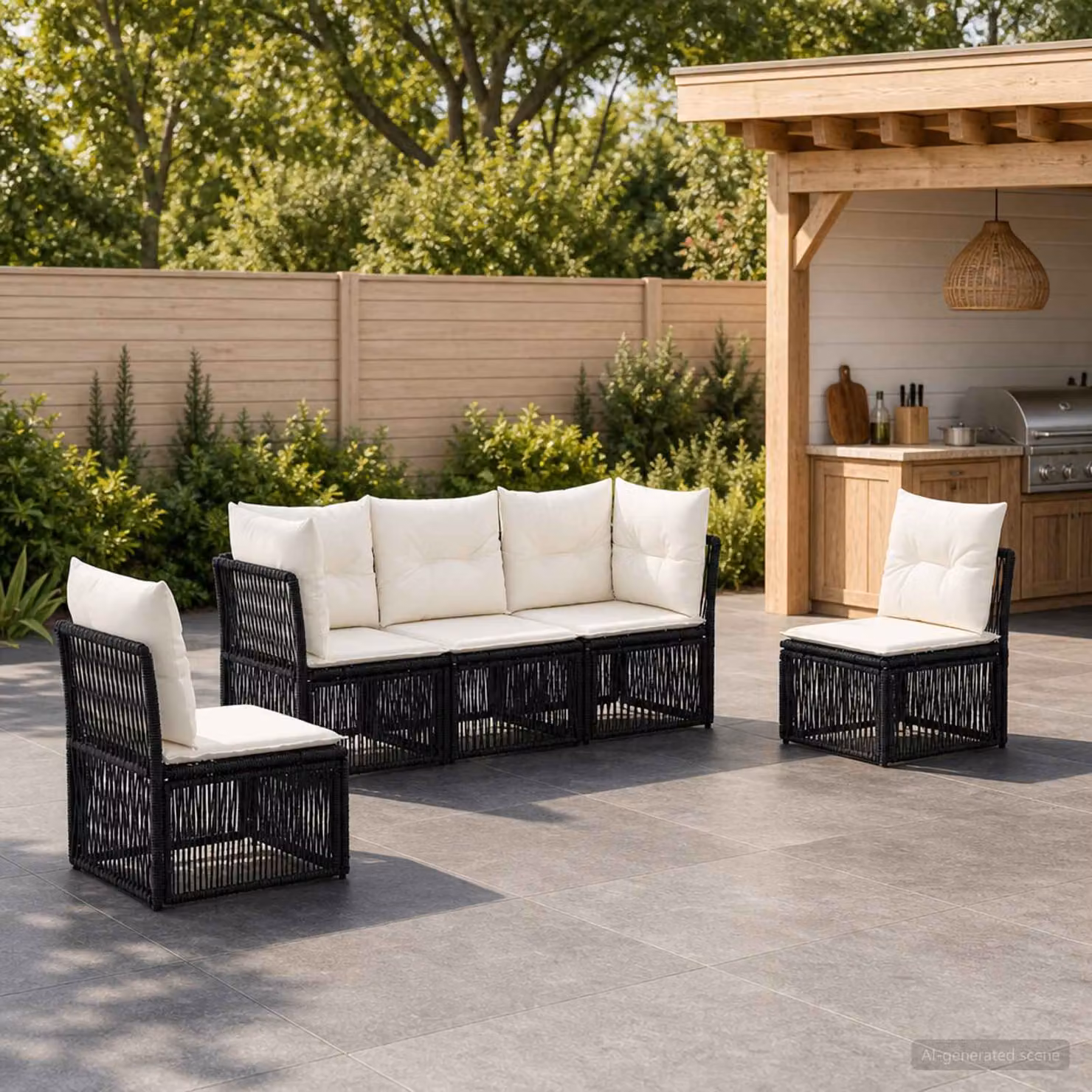 Set Divano da Giardino a L vidaXL in Polyrattan Nero con Cuscini Imbottiti e Struttura in Acciaio