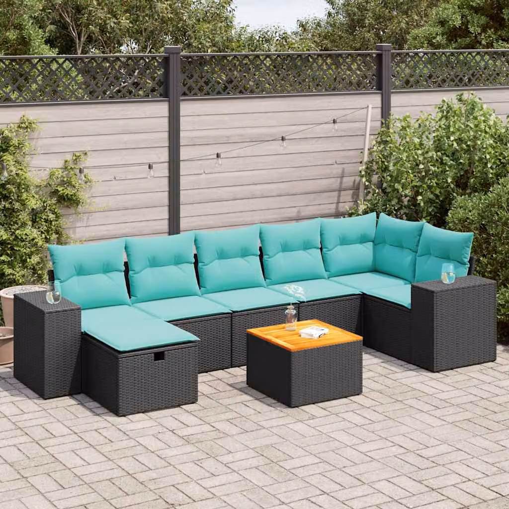 Set Divano da Giardino a L vidaXL in Polyrattan con 8 Pezzi e Cuscini, Colore Nero