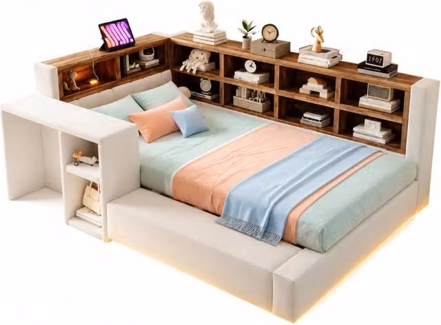 Letto singolo imbottito Chicfurn in tessuto beige con testiera dotata di ripiani, illuminazione LED, porte USB e tavolino, L/P/H: 90 x 200 cm