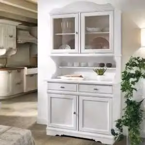 Credenza cristalliera KIVIO in legno con ante in vetro stile shabby chic bianco L/P/H: 105 x 52 x 210 cm