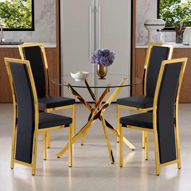 Set tavolo da pranzo rotondo 88 cm in vetro temperato, nero e oro, per piccoli spazi –