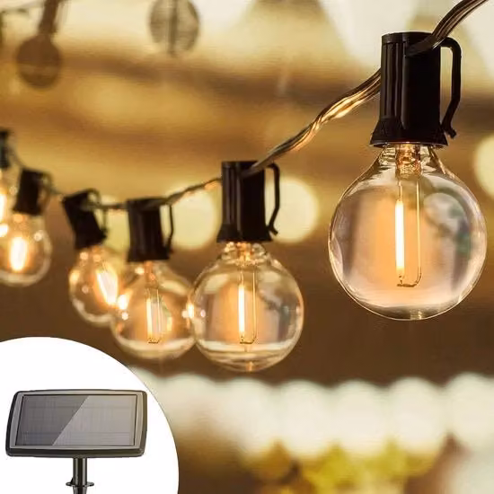 Stringa di luci solari LED con 27 lampadine G40 a sfera trasparenti, luce bianca calda, resistente all'acqua per esterno, giardino e terrazza, lunghezza 183 m