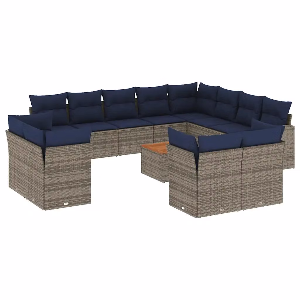 Set di Divani da Giardino a Forma di U con Cuscini vidaXL in Polyrattan Grigio e Blu con Tavolino da Caffè e Struttura in Metallo – 2