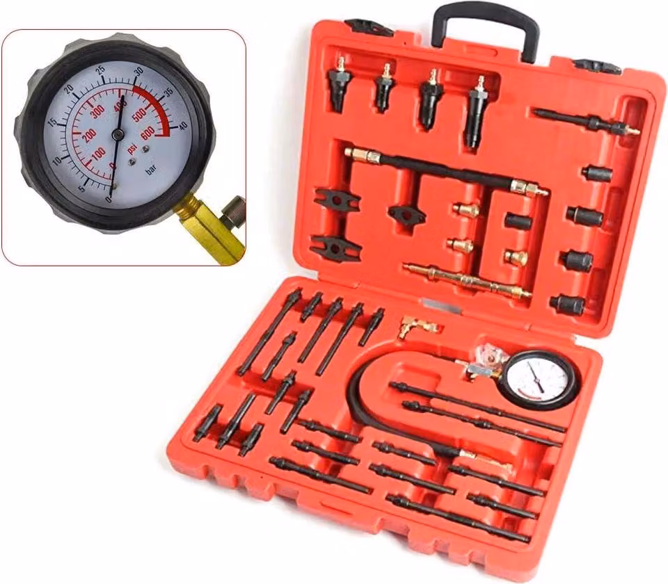 Compressometro - Set di prova - 0-40 bar / 600 psi - Per motori a benzina e diesel - Manometro con tubo flessibile - Rosso
