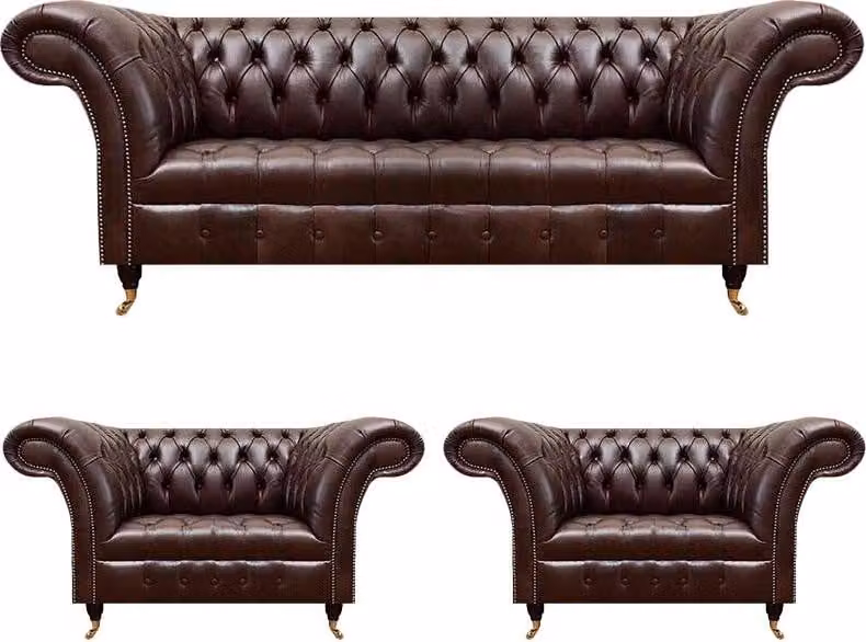 Luxus Braune Chesterfield Ledermöbel Designer Dreisitzer 2x Sessel 3tlg