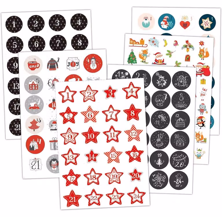 Adesivi per calendario dell'Avvento numeri 1-24, autoadesivi, 4 cm, decorazioni artigianali di design