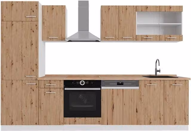Cucina componibile moderna R-Line Vicco in rovere e bianco con ante in vetro e illuminazione integrata L: 300 cm