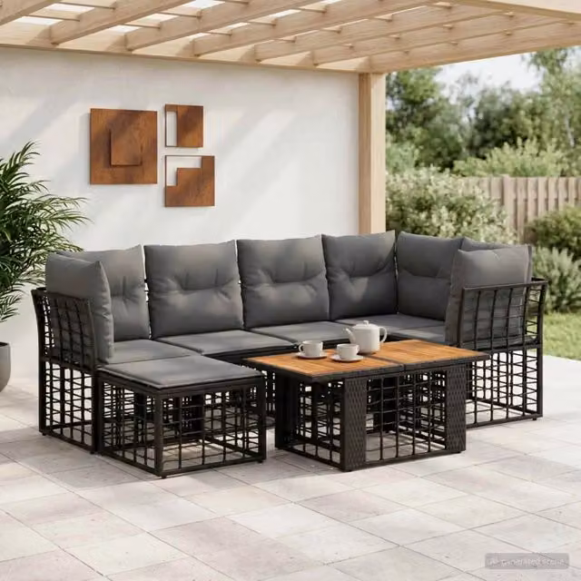 Set Divano da Giardino 7 Pezzi vidaXL in Polyrattan Nero e Grigio con Cuscini e Tavolino