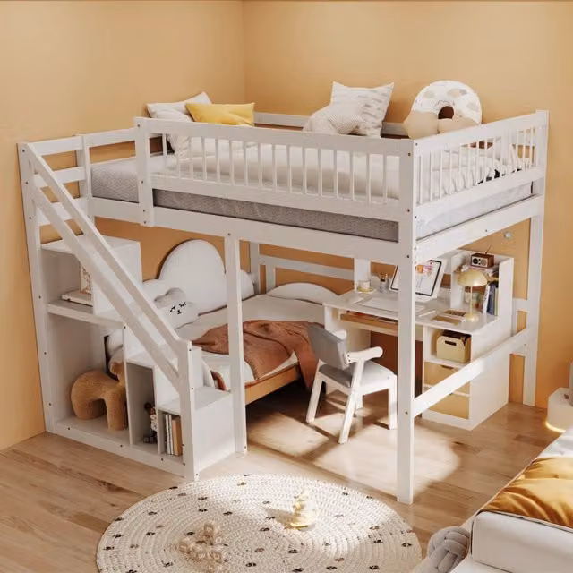 Letto a soppalco 140×200 cm 2 posti con scala contenitore e barriera alta, senza materasso, in legno bianco