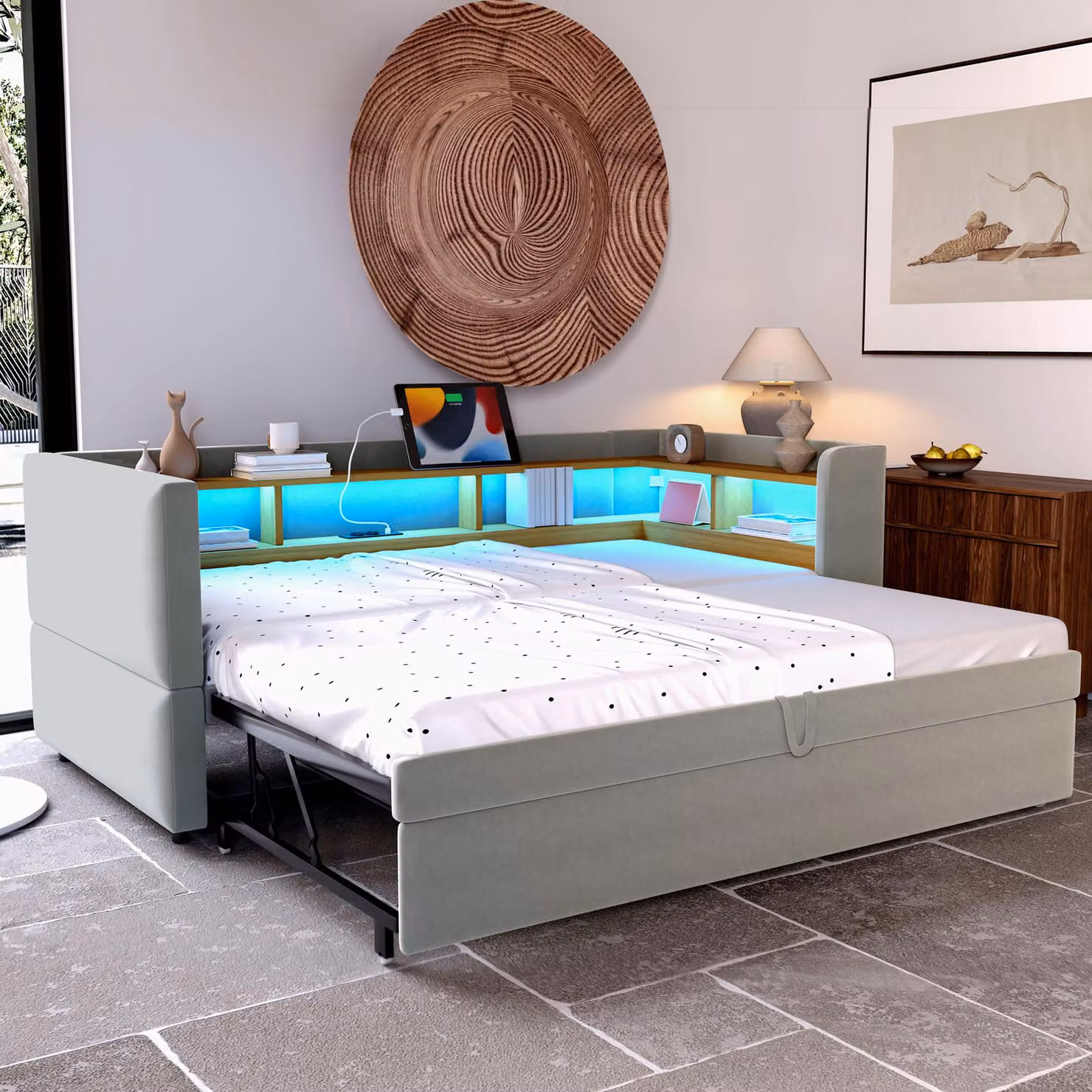 OKWISH Culla 90x190 cm con LED incorporato e presa USB, letto singolo multifunzionale con contenitore incorporato, flanella grigio chiaro - Senza materasso