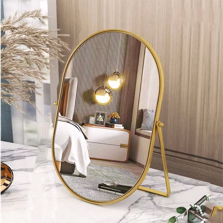 Specchio da trucco ovale con rotazione regolabile, color oro