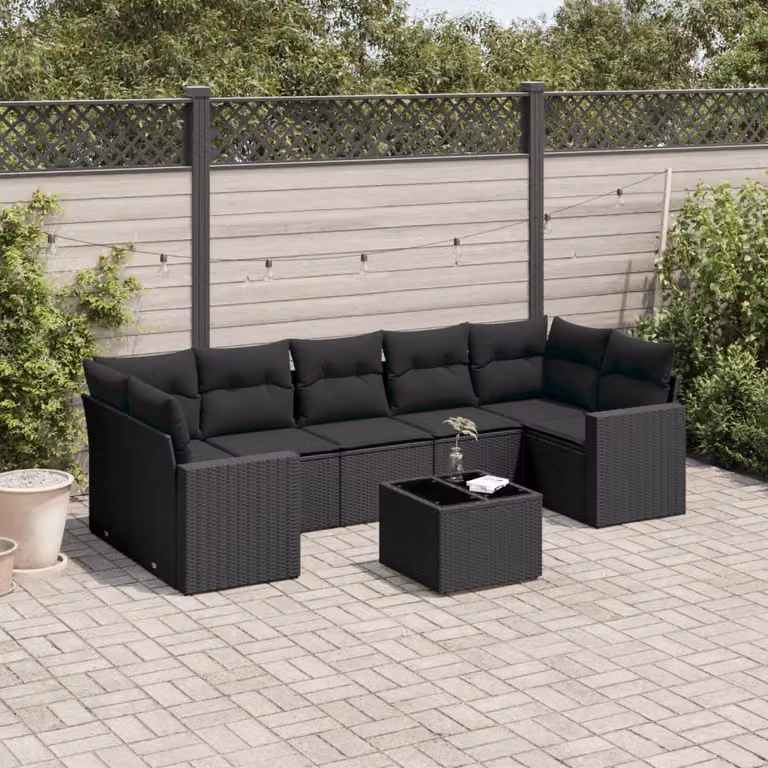 Set Divani da Giardino vidaXL a Forma di L con Cuscini e Tavolino Nero in Polyrattan