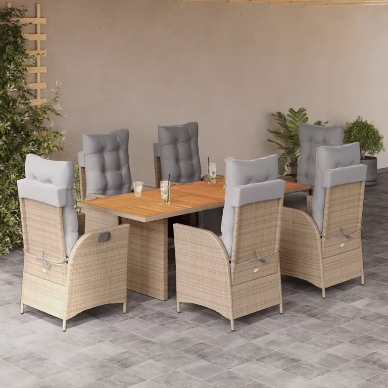 Set Pranzo da Giardino vidaXL in Polyrattan e Legno di Acacia con 7 Cuscini Beige e Grigio