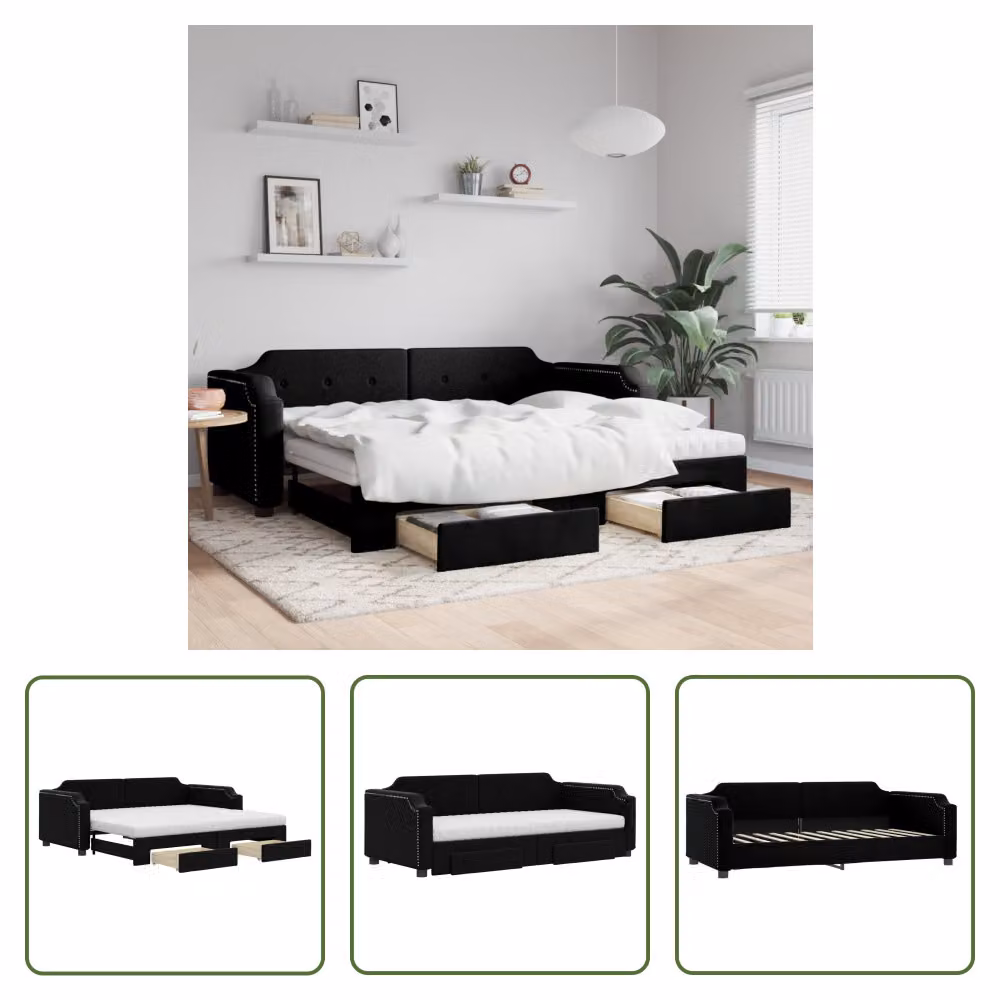 The Living Store Lettino allungabile con cassetti nero 80x200 cm in tessuto