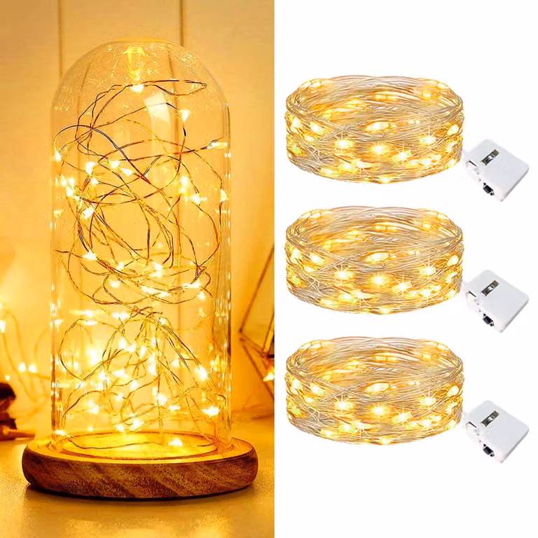 Set di 3 catene luminose a LED, lunghezza 2 metri, 20 LED, luce bianco caldo, alimentazione a batteria