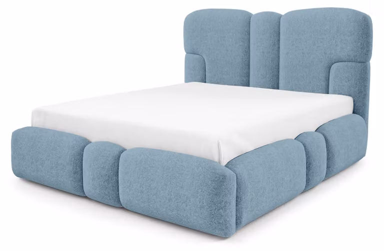 Letto imbottito con contenitore integrato, modello Puffra, finitura "Kühle Lagune", dimensioni 160 x 200 cm