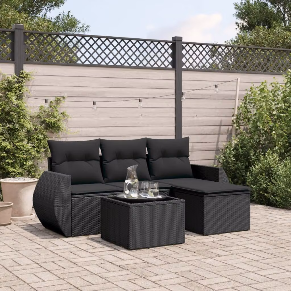 vidaXL Set Divani da Giardino a L 5 pz in Polyrattan Nero con Cuscini e Tavolino da Caffè – 1