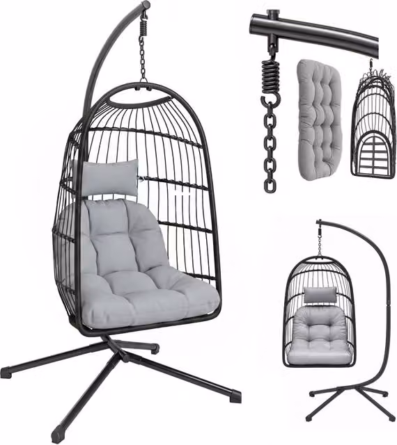 Sedia a Uovo Sospesa con Supporto per Giardino e Casa, Poltrona Pieghevole e Regolabile con Cuscino, 105x101x196 cm, Nero e Grigio