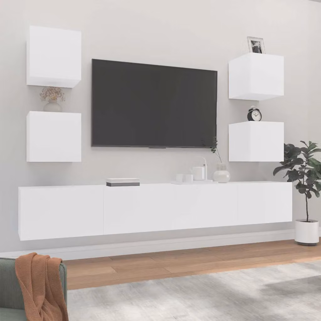 Set di mobili porta TV da soggiorno vidaXL in 6 pezzi bianco in legno e MDF con design classico a parete – 1