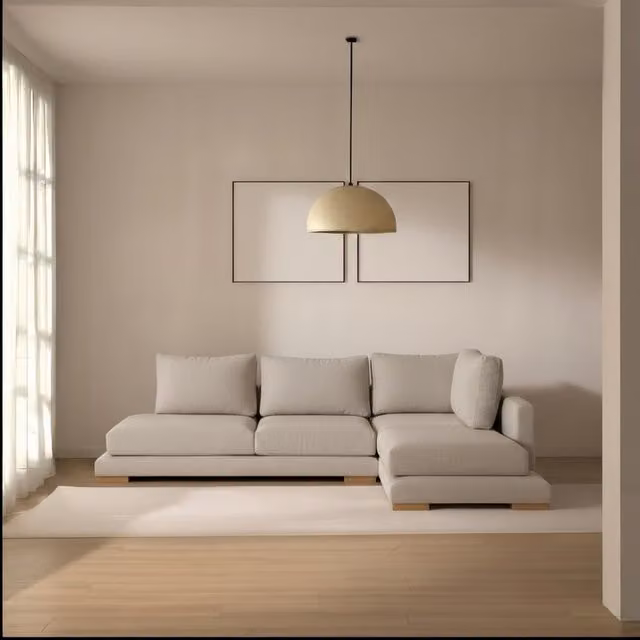 Divano chaise longue Luxor Living a 4 posti con lato destro, modello moderno in tessuto beige con struttura in legno massiccio, L: 270 cm, P: 108 cm, H: 88 cm