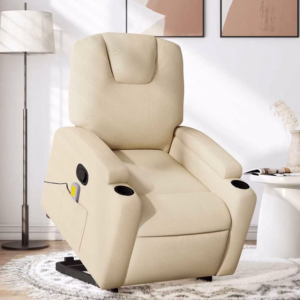 vidaXL Poltrona Alzapersona Reclinabile con Massaggio in Tessuto Beige
