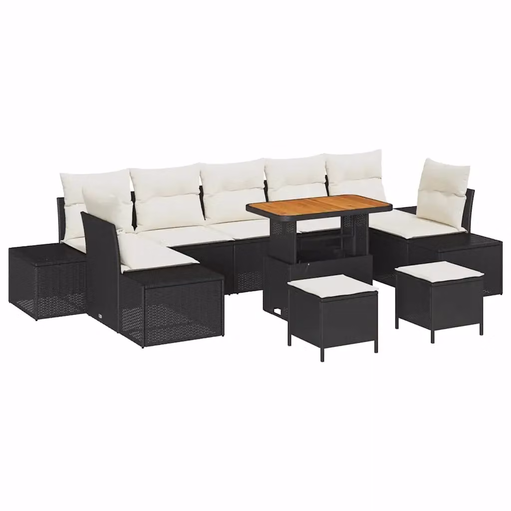 Set Divano da Giardino vidaXL 10 Pezzi in Polyrattan Nero con Cuscini e Tavolino da Esterno – 2