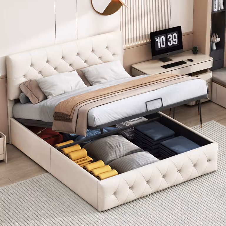 Letto 140 x 200 cm,letto matrimoniale,letto per adulti,letto imbottito,con rete a doghe,leva idraulica,tessuto in velluto,beige