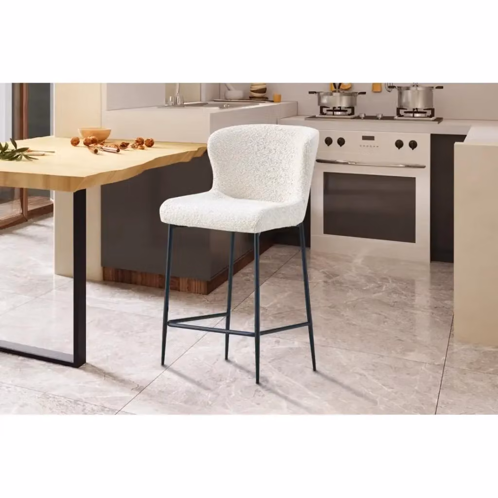 Sedia da bancone LISE Meublorama in tessuto bouclé bianco con piedini in metallo nero per cucina e soggiorno – 2
