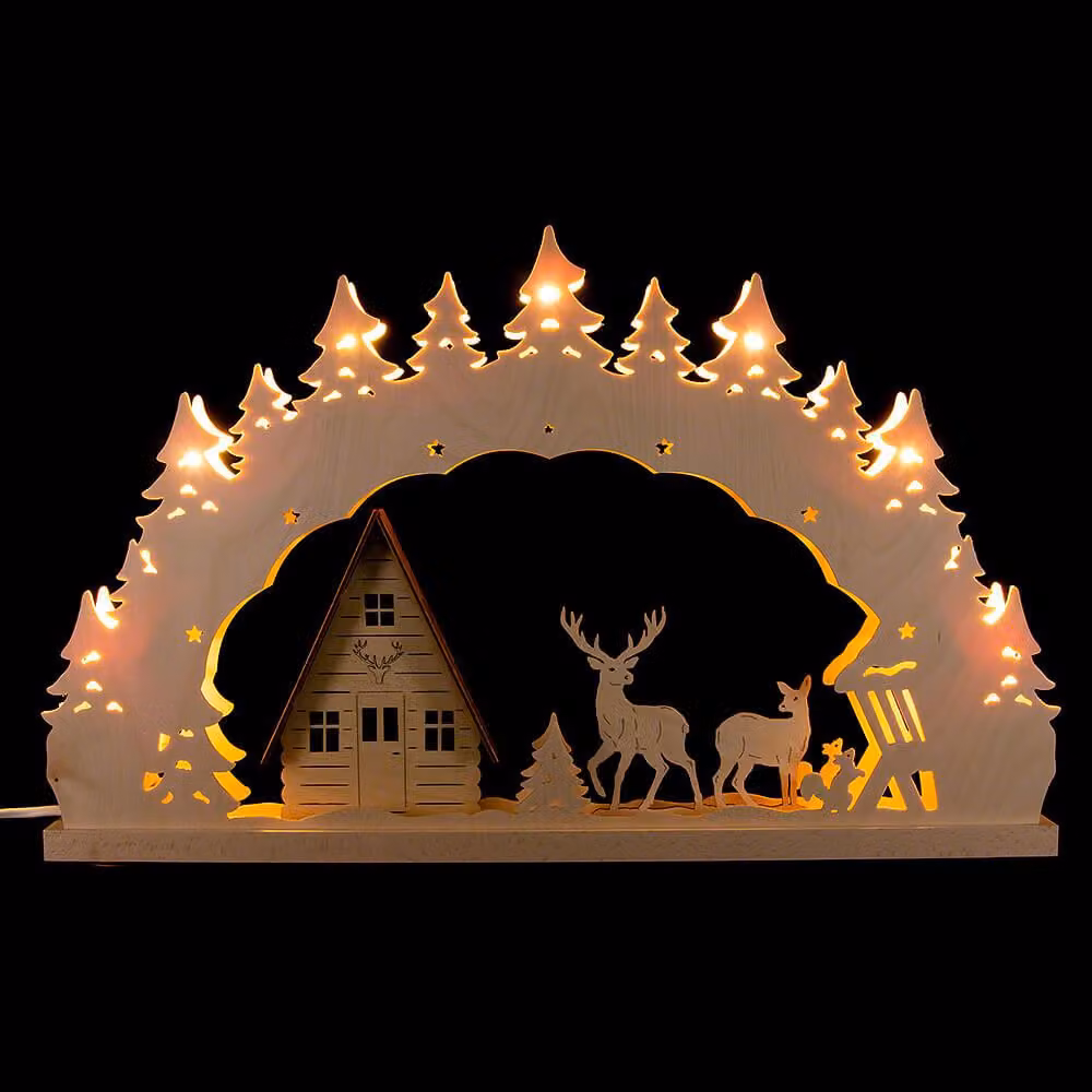 Arco di luci casa foresta e cervi illuminazione LED naturale LxHxP 52x32x4,5cm NUOVO