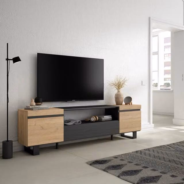 Mobile TV, 200x35x57cm, soggiorno, Per TV fino a 80", Design industriale, colore Rovere e nero RF2257