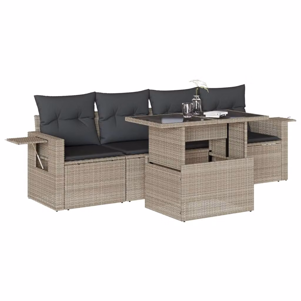 Set Divano da Giardino 5pz con Cuscini Grigio Chiaro Polyrattan