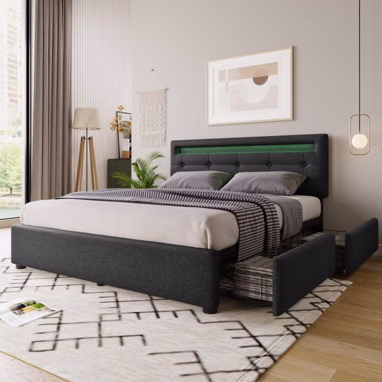Letto imbottito 140x200, con illuminazione LED, 4 cassetti, completo di materasso, testiera regolabile e rete a doghe (grigio)