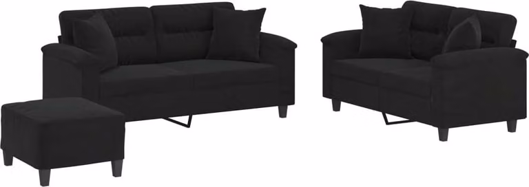 Set Divani 3 pz con Cuscini Nero in Tessuto Microfibra