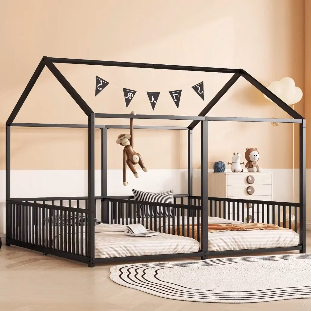 Letto a casetta REDOM per bambini con sponde e scala in metallo nero L 90 cm x P 200 cm – 2