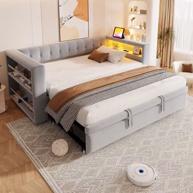 Letto Imbottito con LED e Contenitore ¨C MINIMAL ¨C Grigio Chiaro, 90x190 / 180x190