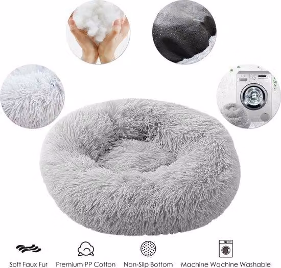 Cuccia per cani a forma di ciambella in peluche da 70 cm, morbido cuscino per cani di piccola taglia, lavabile, grigio