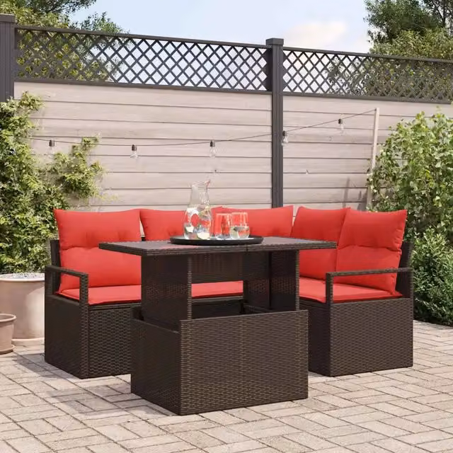 Set Divano da Giardino 5 pz 4-Numero di posti Marrone e Rosso 3348820