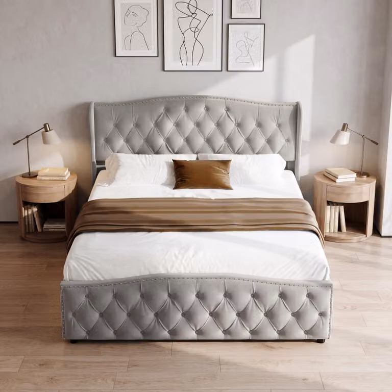 Letto imbottito INONEFT, 160x200 cm, con rete a doghe e testiera, imbottitura con borchie, letto box con sistema idraulico e spazio contenitore, in velluto, colore grigio