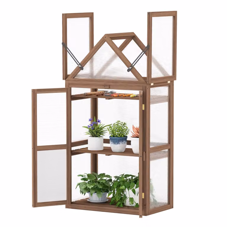 Mini serra a telaio freddo COSTWAY, letto per piante a 3 livelli con tetto incernierato, casa di propagazione con 2 porte, serra, armadio di propagazione per giardino da balcone, marrone, 71x41x133cm