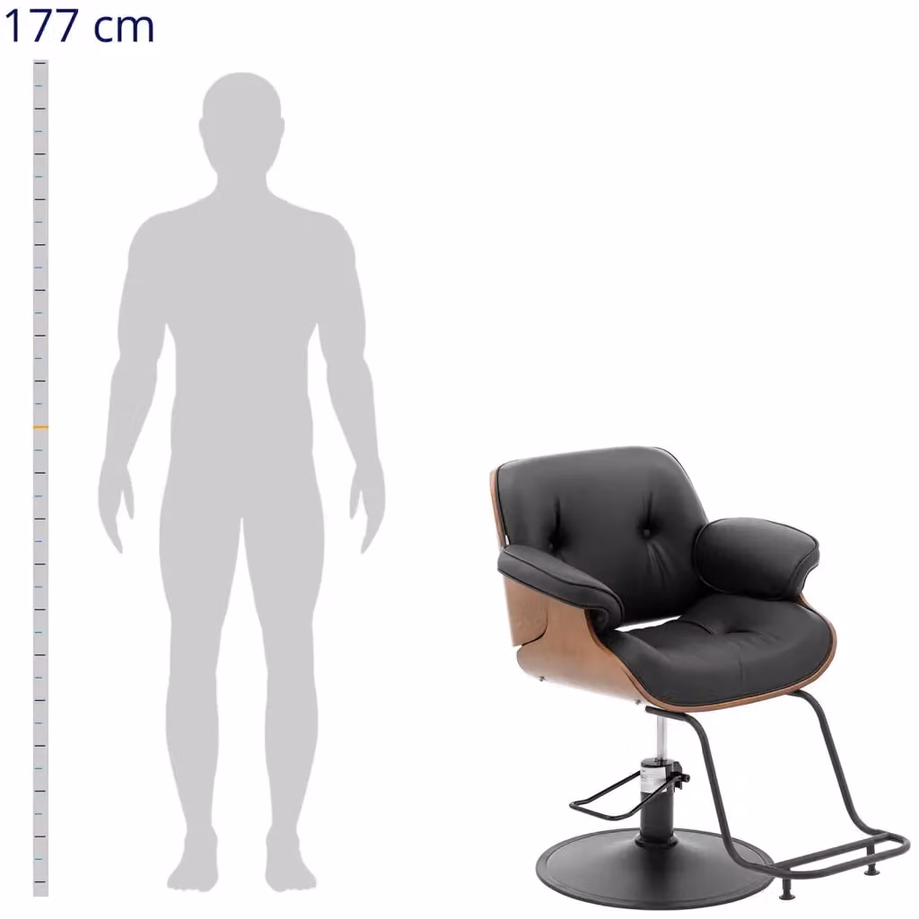 Poltrona professionale per parrucchiere con poggiapiedi e braccioli in PVC nero e acciaio inox, girevole a 360 gradi, portata 200 kg – 2