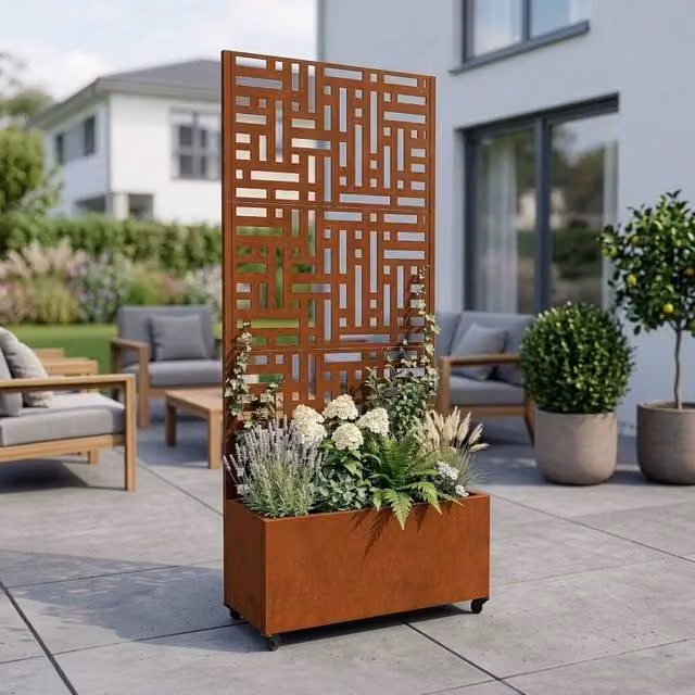 Fioriera con Spalliera Bernalda casa.pro in Acciaio Corten Marrone Ossidato con 4 Rotelle, L: 190 cm, H: 82 cm, P: 38 cm – 1