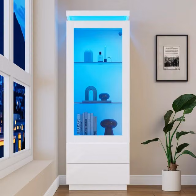 Vetrina soggiorno bianca 60 x 40 x 171 cm con LED e 2 cassetti; anta in acrilico; ripiani in vetro temperato; truciolato