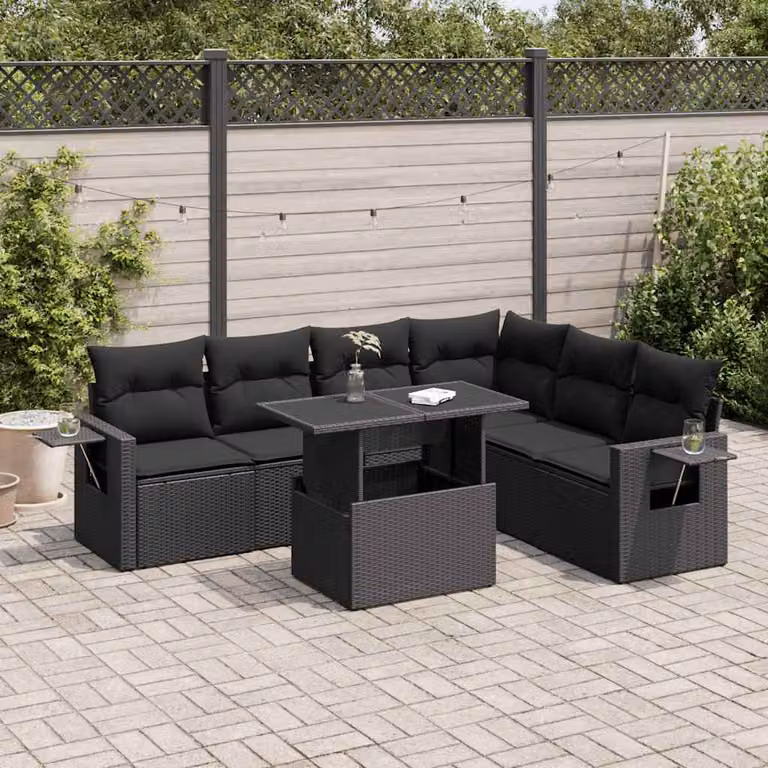 Set Divano da Giardino a L vidaXL in Polyrattan Nero con 7 Cuscini e Tavolino da Esterno