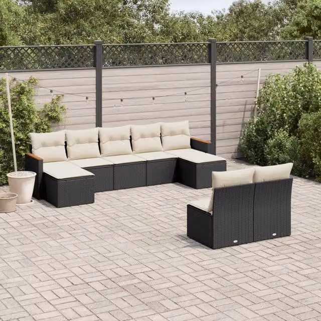 Set di Divani da Giardino a Forma di U vidaXL in Polyrattan Nero con Cuscini e Ottoman per 9 Persone