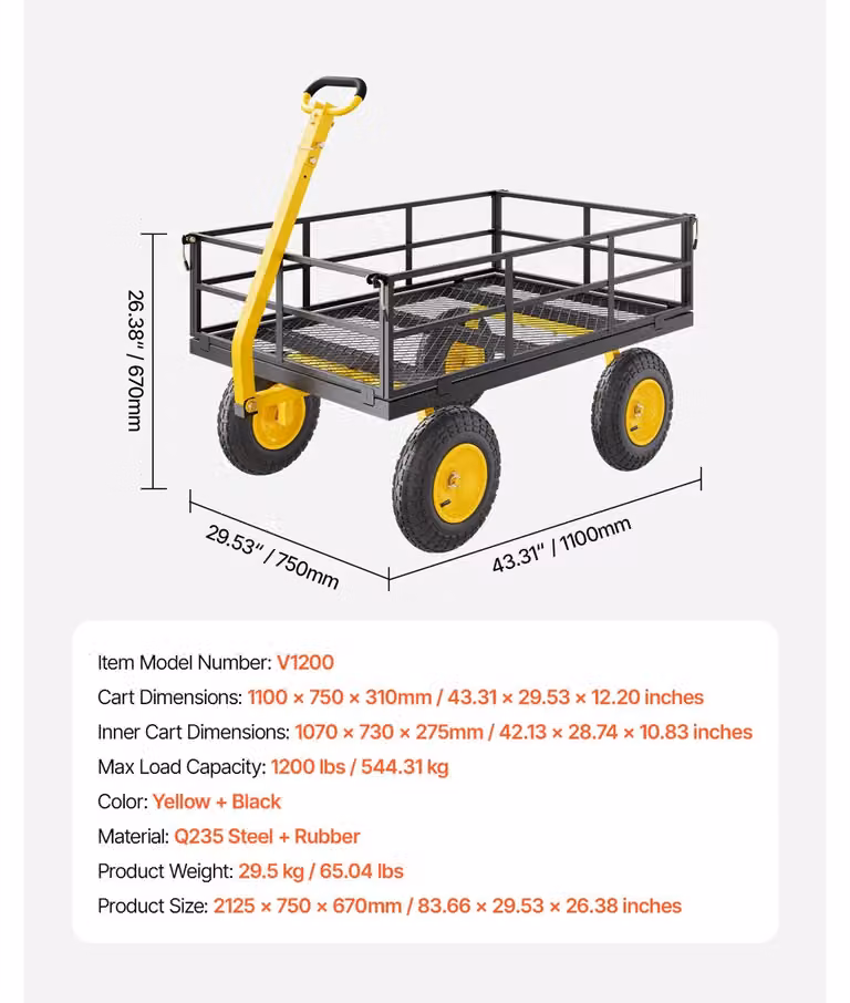 Carrello da giardino, design versatile 3-in-1, capacità di carico di 1200 libbre, portata: 1200 libbre