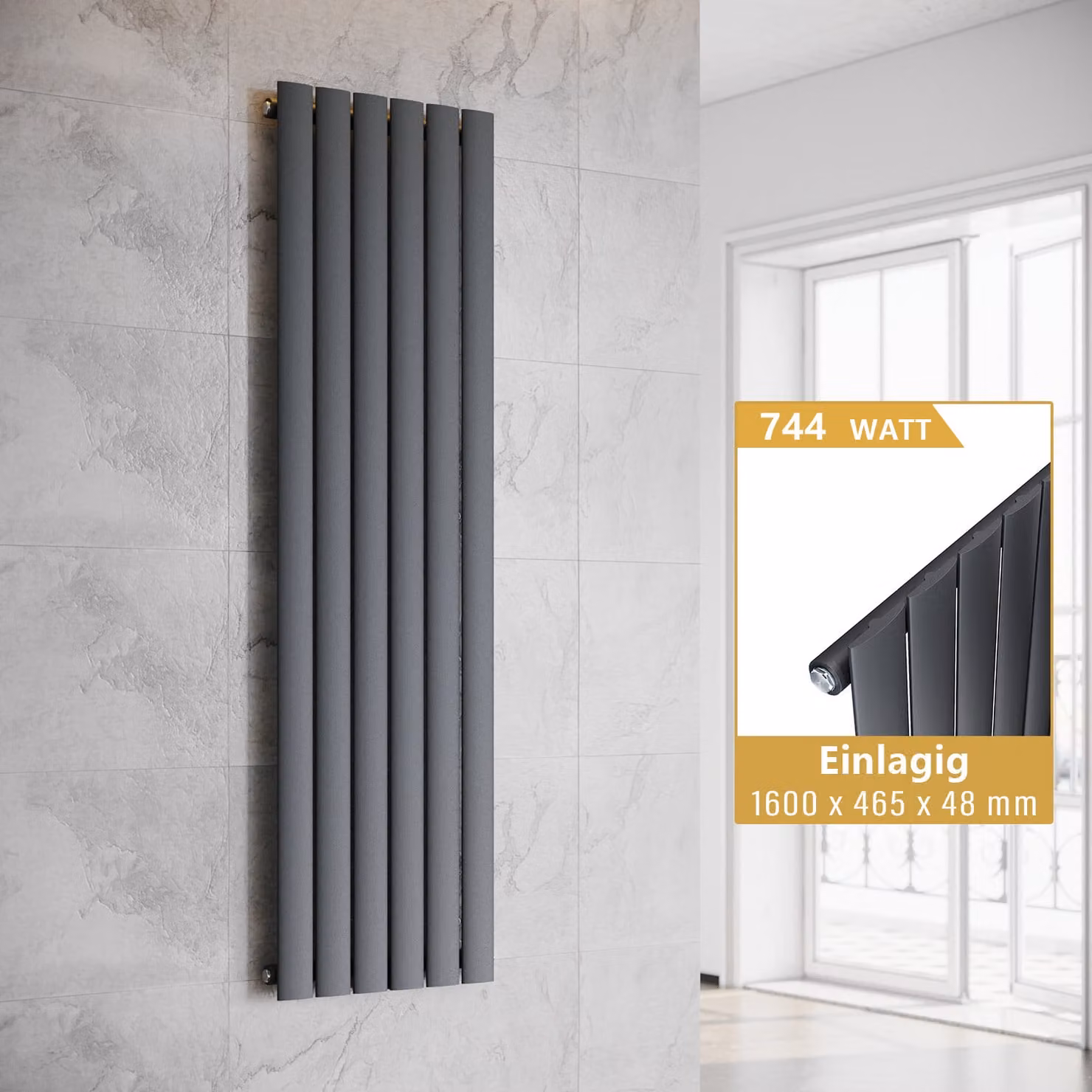 SONNI Radiatore verticale di design a pannello, monostrato, antracite, 1600×465 mm, senza resistenza