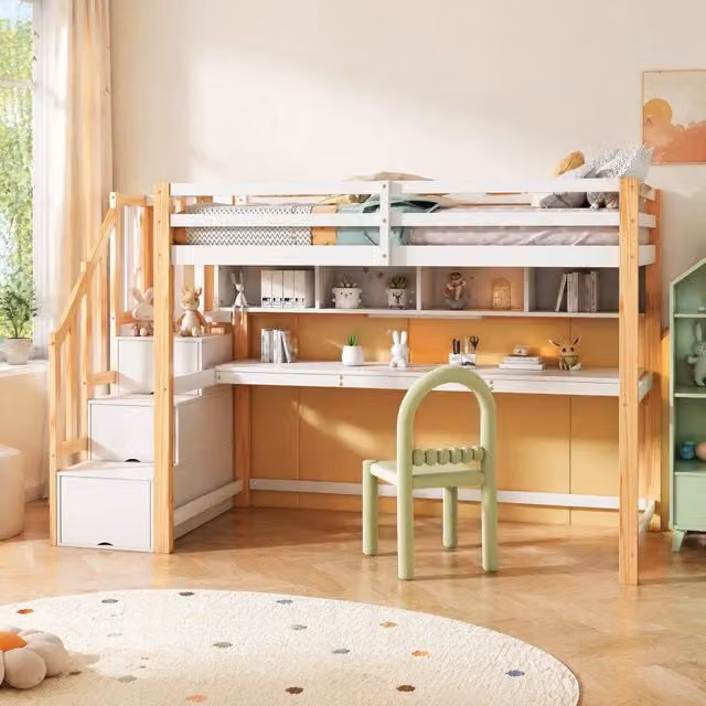 Letto a soppalco 90x200 cm con scala e scrivania bianco e rovere